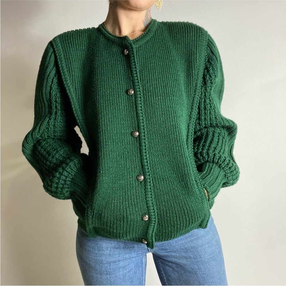 Vintage Green Chunky Knit Button-Up Cardigan